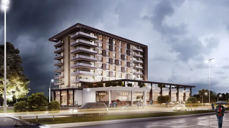 Beyaz Residence dış cephesi, gece köşe görünüm