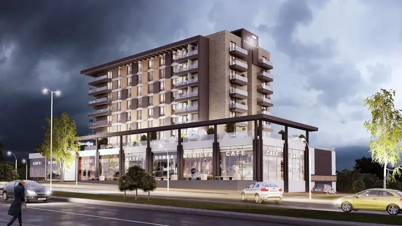Beyaz Residence dış cephesi, gece ön görünüm
