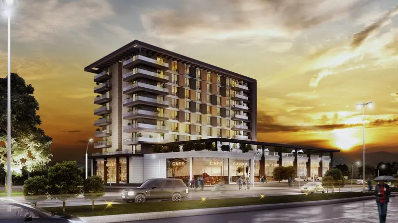 Beyaz Residence dış cephesi, gün batımında köşe görünüm
