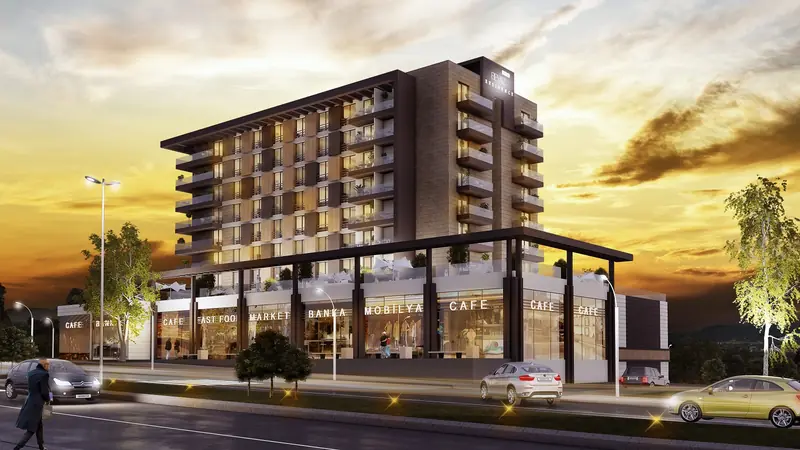 Beyaz Residence dış cephesi, gün batımında ön görünüm